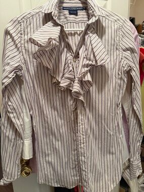 Ralph Lauren Lavender and White Striped Ruffle Button-Down Blouse